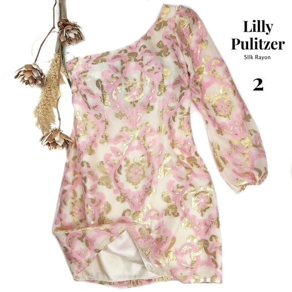 Lilly Pulitzer Naomi Dress in White Diva Print One Shoulder  Size 2 - Picture 1 of 16